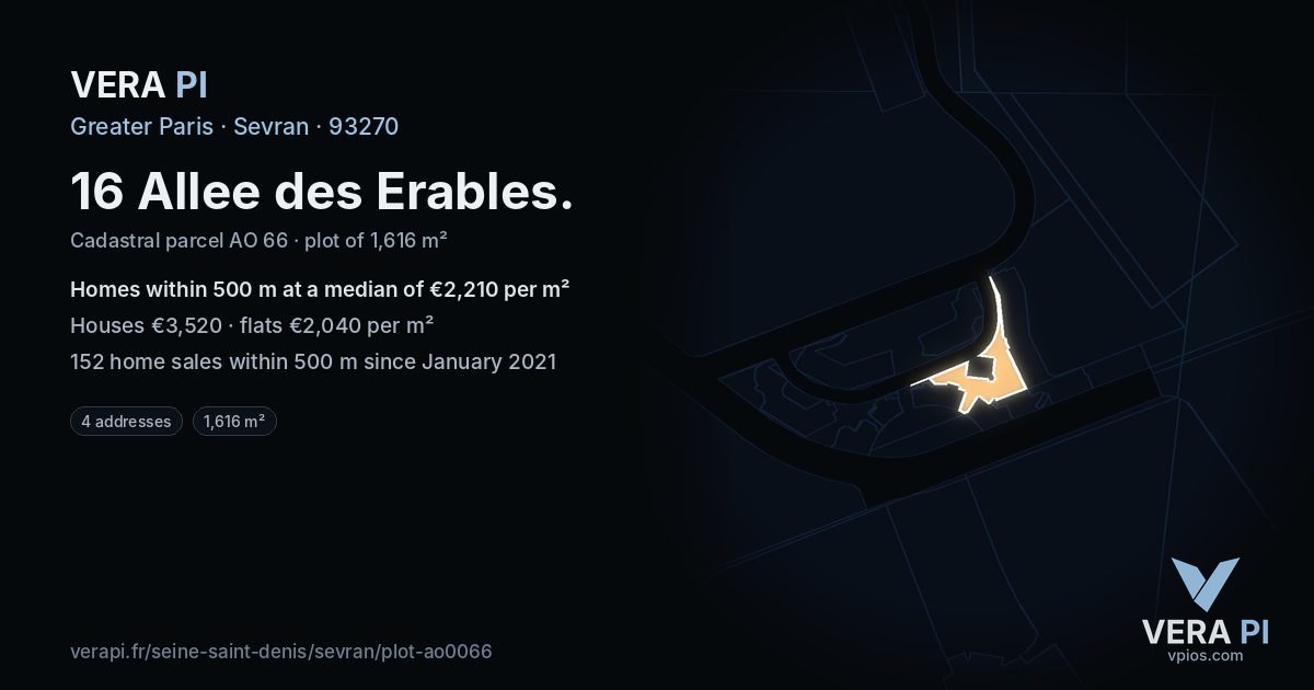16 Allee des Erables, Sevran at night – the plot lit, the parcels around coloured by the prices near them