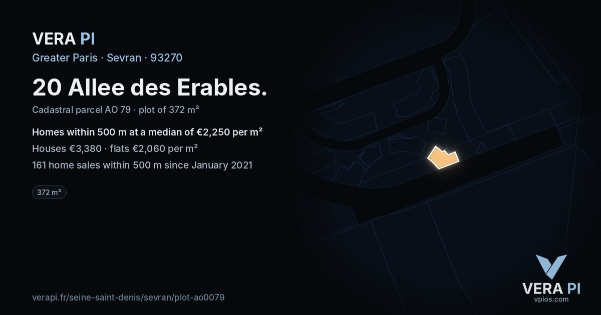 20 Allee des Erables, Sevran at night – the plot lit, the parcels around coloured by the prices near them