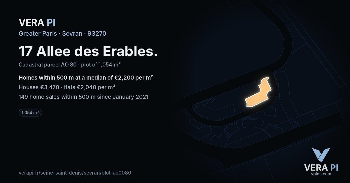 17 Allee des Erables, Sevran at night – the plot lit, the parcels around coloured by the prices near them