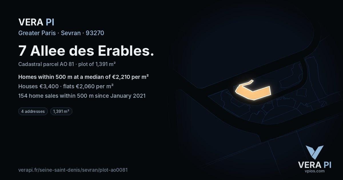 7 Allee des Erables, Sevran at night – the plot lit, the parcels around coloured by the prices near them