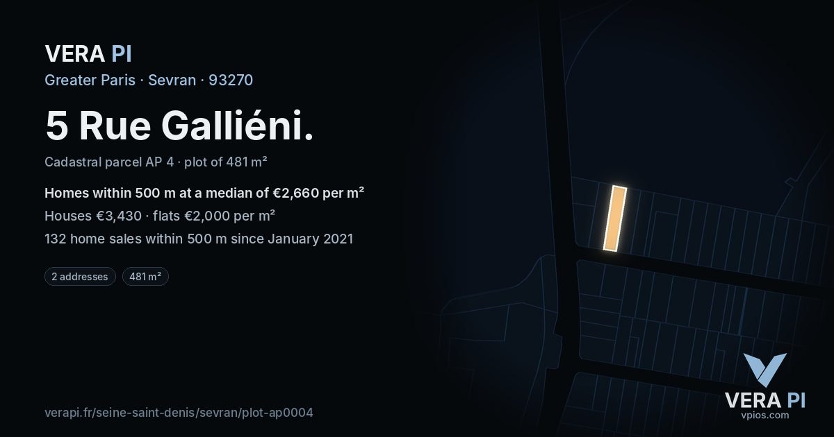 5 Rue Galliéni, Sevran at night – the plot lit, the parcels around coloured by the prices near them