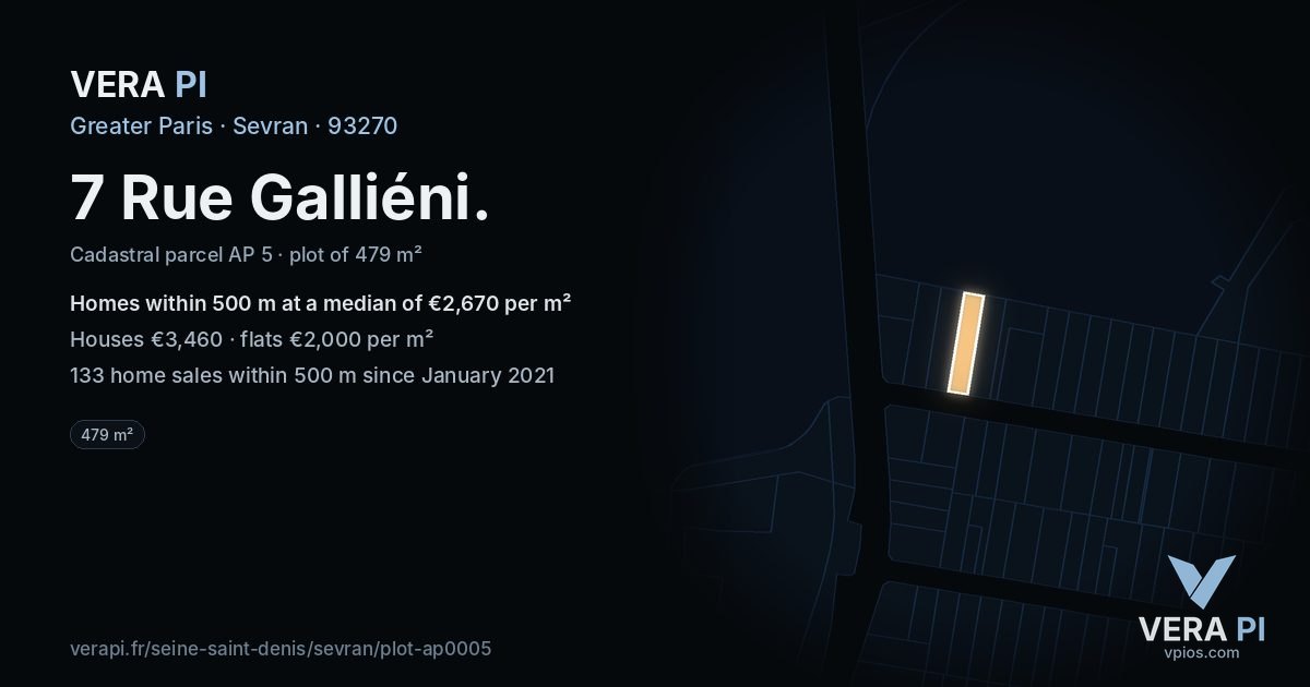 7 Rue Galliéni, Sevran at night – the plot lit, the parcels around coloured by the prices near them