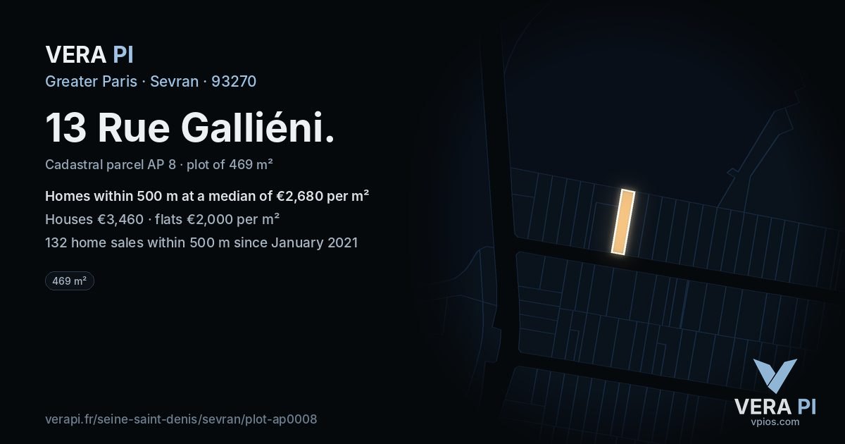 13 Rue Galliéni, Sevran at night – the plot lit, the parcels around coloured by the prices near them