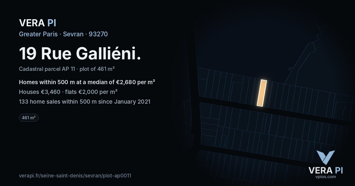 19 Rue Galliéni, Sevran at night – the plot lit, the parcels around coloured by the prices near them