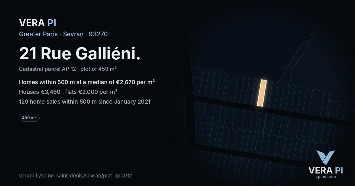 21 Rue Galliéni, Sevran at night – the plot lit, the parcels around coloured by the prices near them