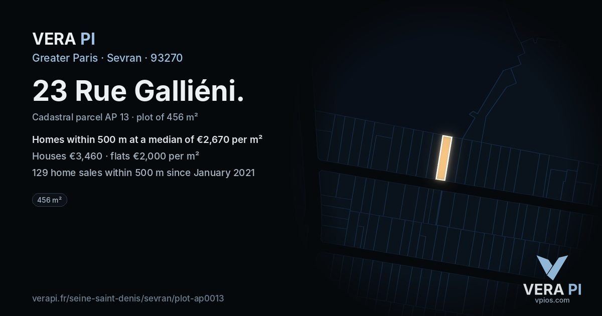 23 Rue Galliéni, Sevran at night – the plot lit, the parcels around coloured by the prices near them