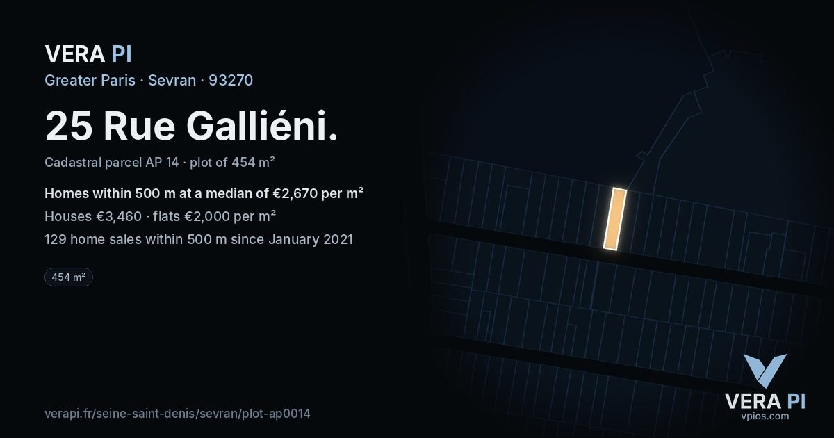 25 Rue Galliéni, Sevran at night – the plot lit, the parcels around coloured by the prices near them