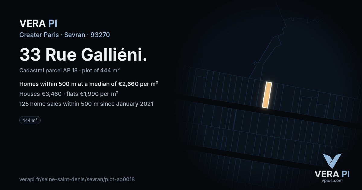 33 Rue Galliéni, Sevran at night – the plot lit, the parcels around coloured by the prices near them