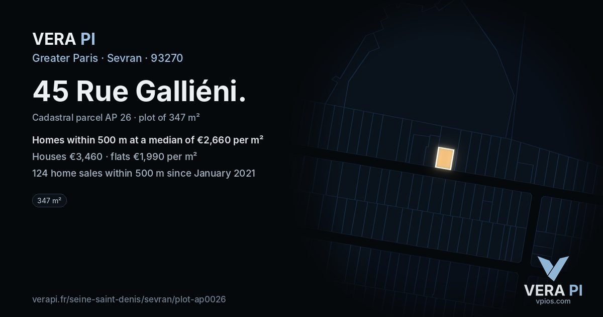 45 Rue Galliéni, Sevran at night – the plot lit, the parcels around coloured by the prices near them
