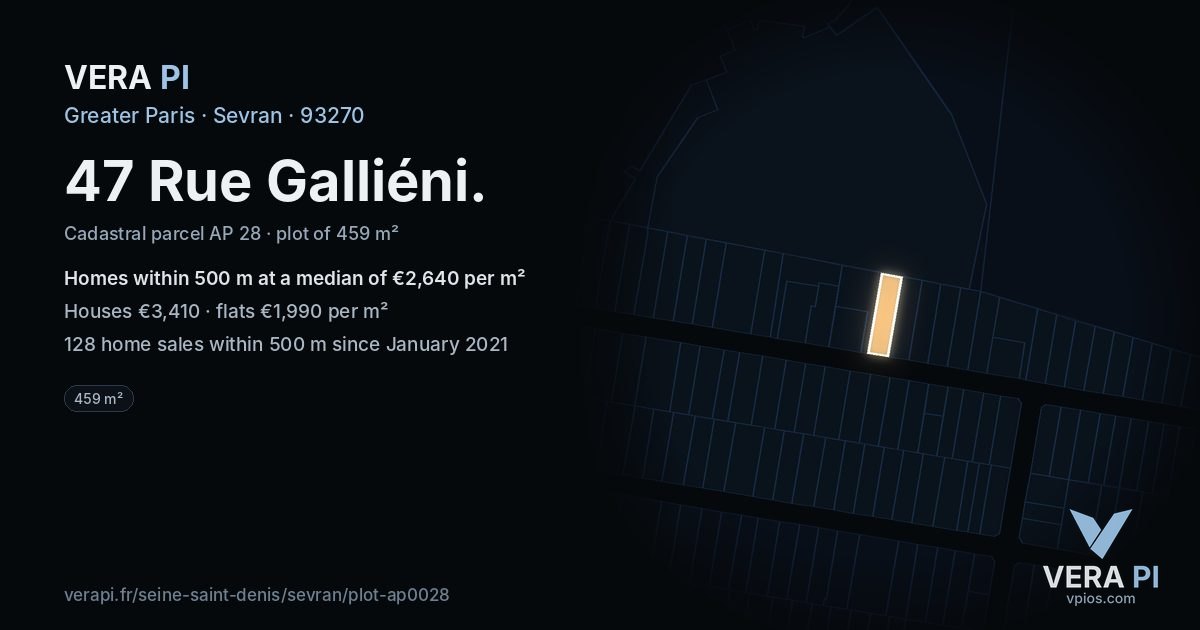 47 Rue Galliéni, Sevran at night – the plot lit, the parcels around coloured by the prices near them