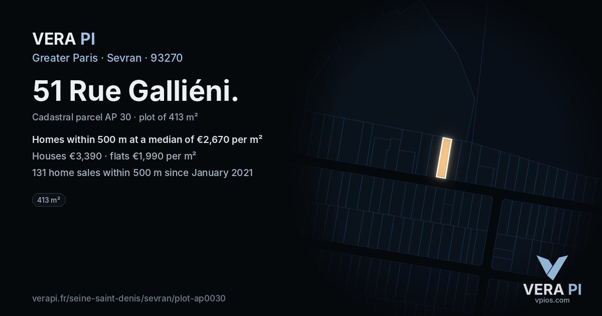 51 Rue Galliéni, Sevran at night – the plot lit, the parcels around coloured by the prices near them