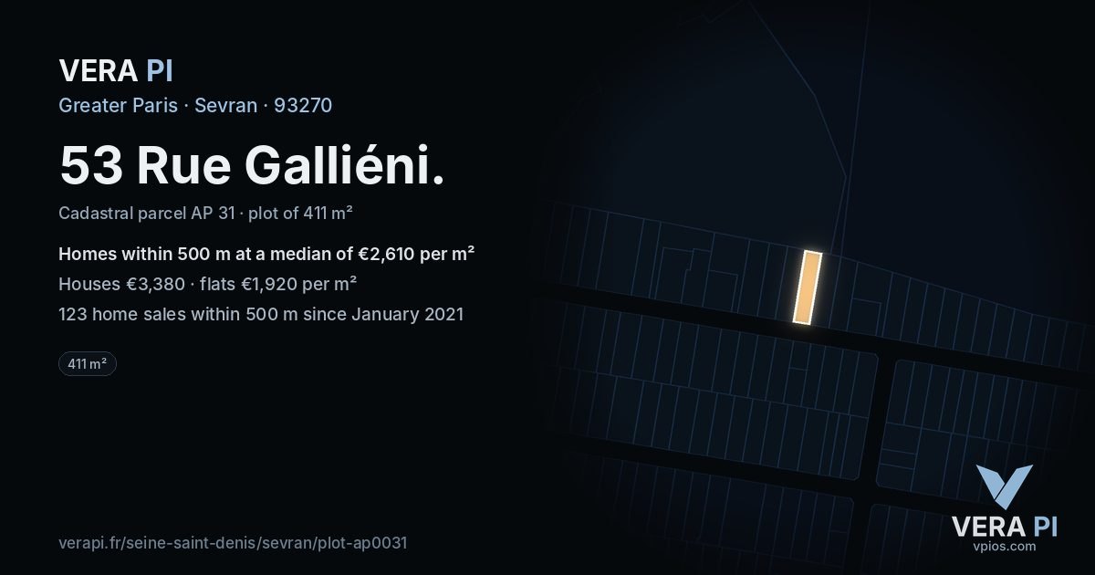 53 Rue Galliéni, Sevran at night – the plot lit, the parcels around coloured by the prices near them