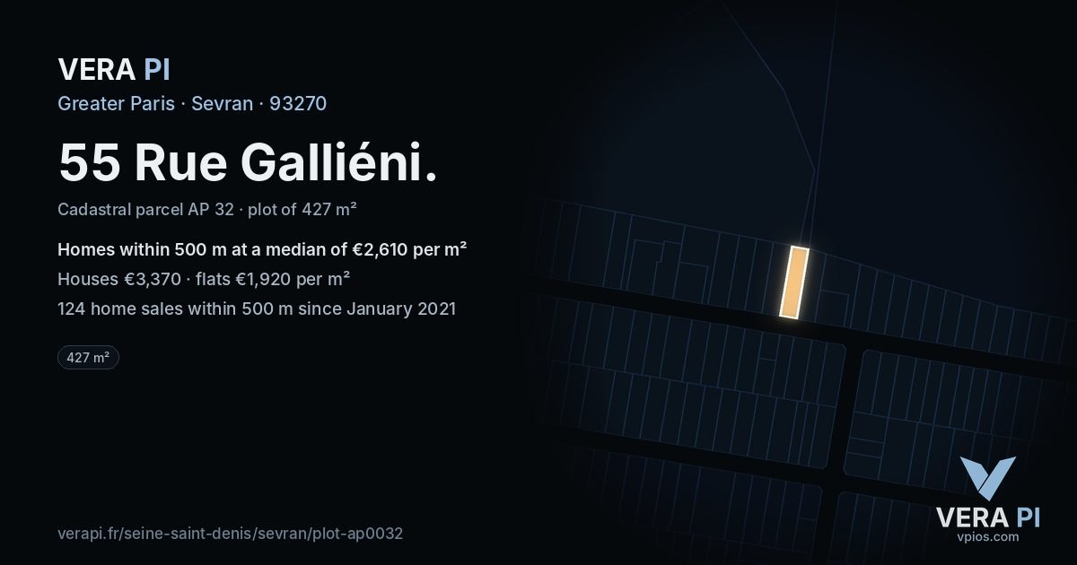 55 Rue Galliéni, Sevran at night – the plot lit, the parcels around coloured by the prices near them