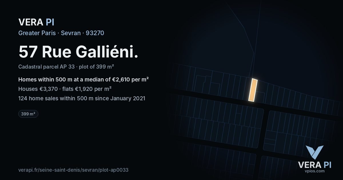 57 Rue Galliéni, Sevran at night – the plot lit, the parcels around coloured by the prices near them