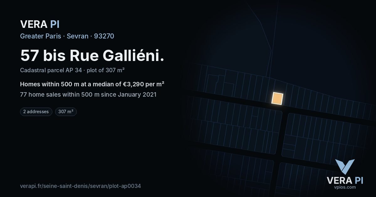 57 bis Rue Galliéni, Sevran at night – the plot lit, the parcels around coloured by the prices near them