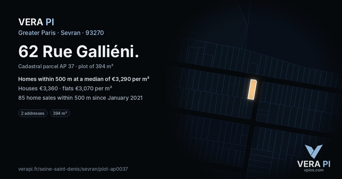 62 Rue Galliéni, Sevran at night – the plot lit, the parcels around coloured by the prices near them
