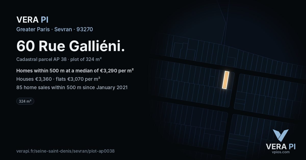 60 Rue Galliéni, Sevran at night – the plot lit, the parcels around coloured by the prices near them