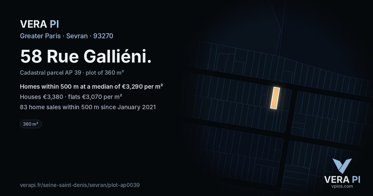 58 Rue Galliéni, Sevran at night – the plot lit, the parcels around coloured by the prices near them