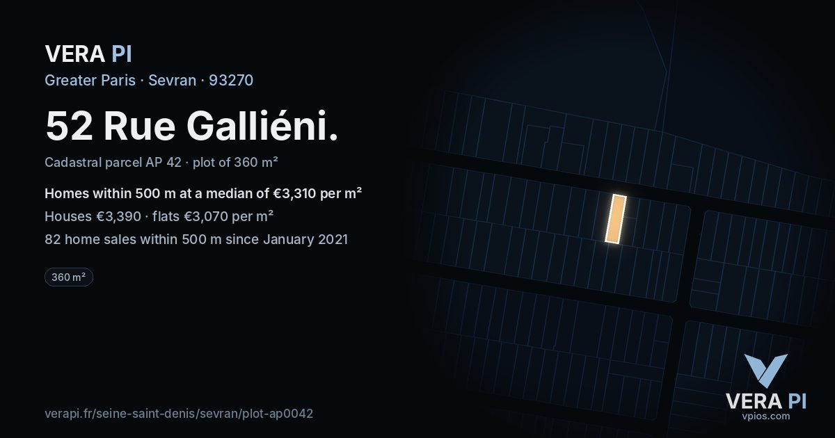 52 Rue Galliéni, Sevran at night – the plot lit, the parcels around coloured by the prices near them