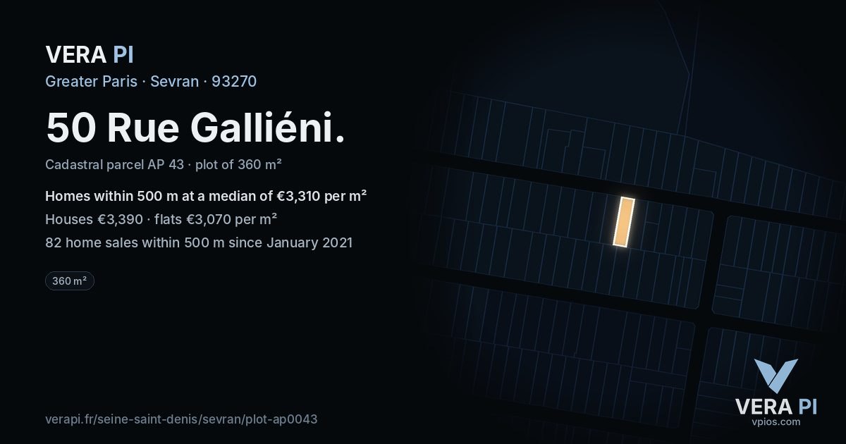 50 Rue Galliéni, Sevran at night – the plot lit, the parcels around coloured by the prices near them