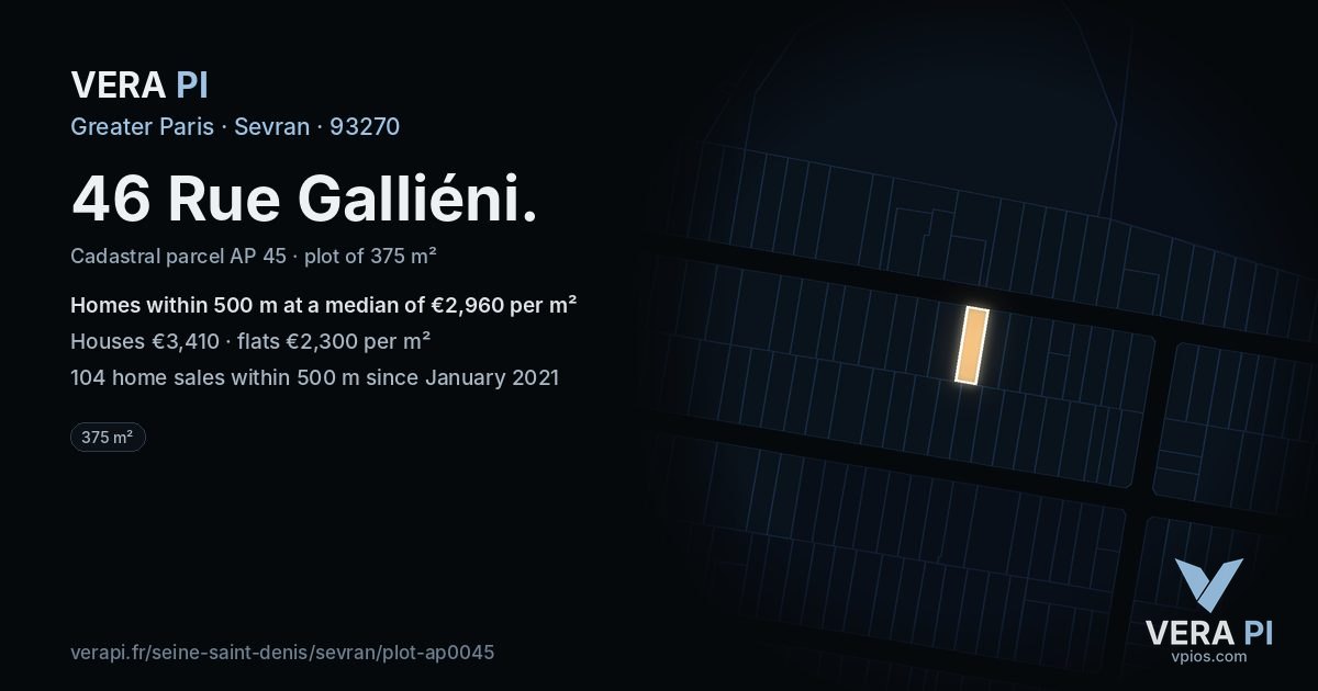 46 Rue Galliéni, Sevran at night – the plot lit, the parcels around coloured by the prices near them