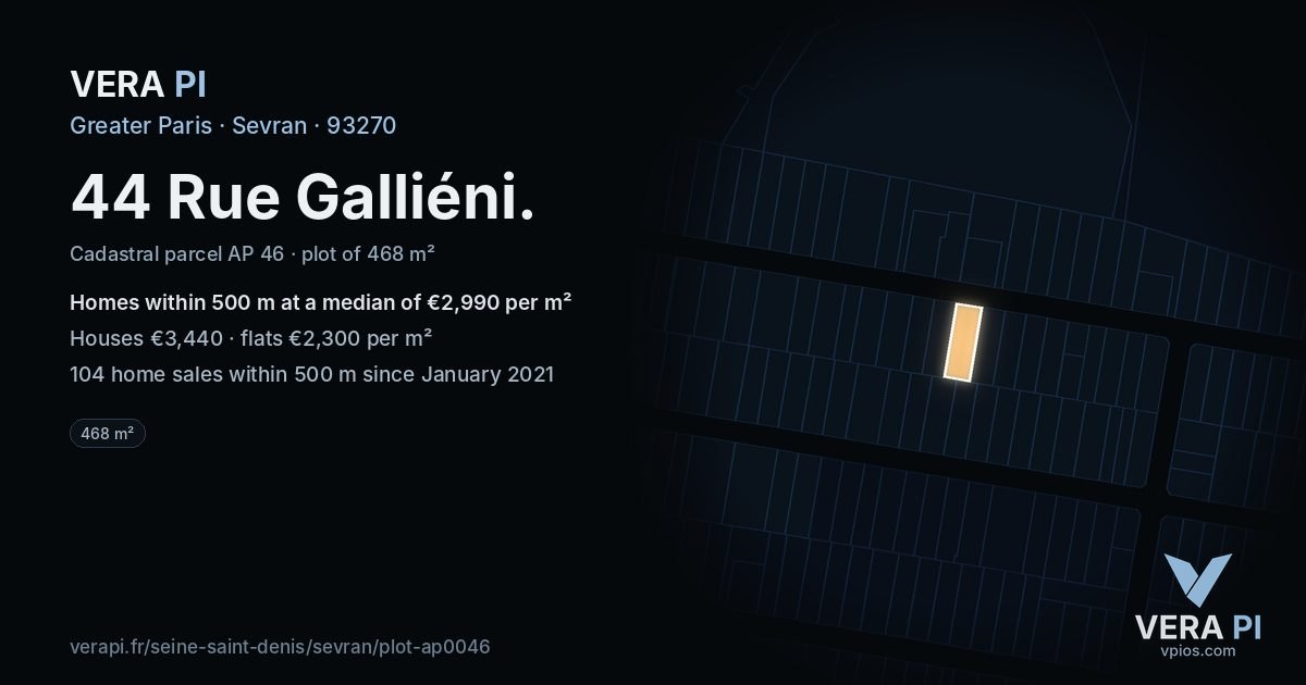 44 Rue Galliéni, Sevran at night – the plot lit, the parcels around coloured by the prices near them
