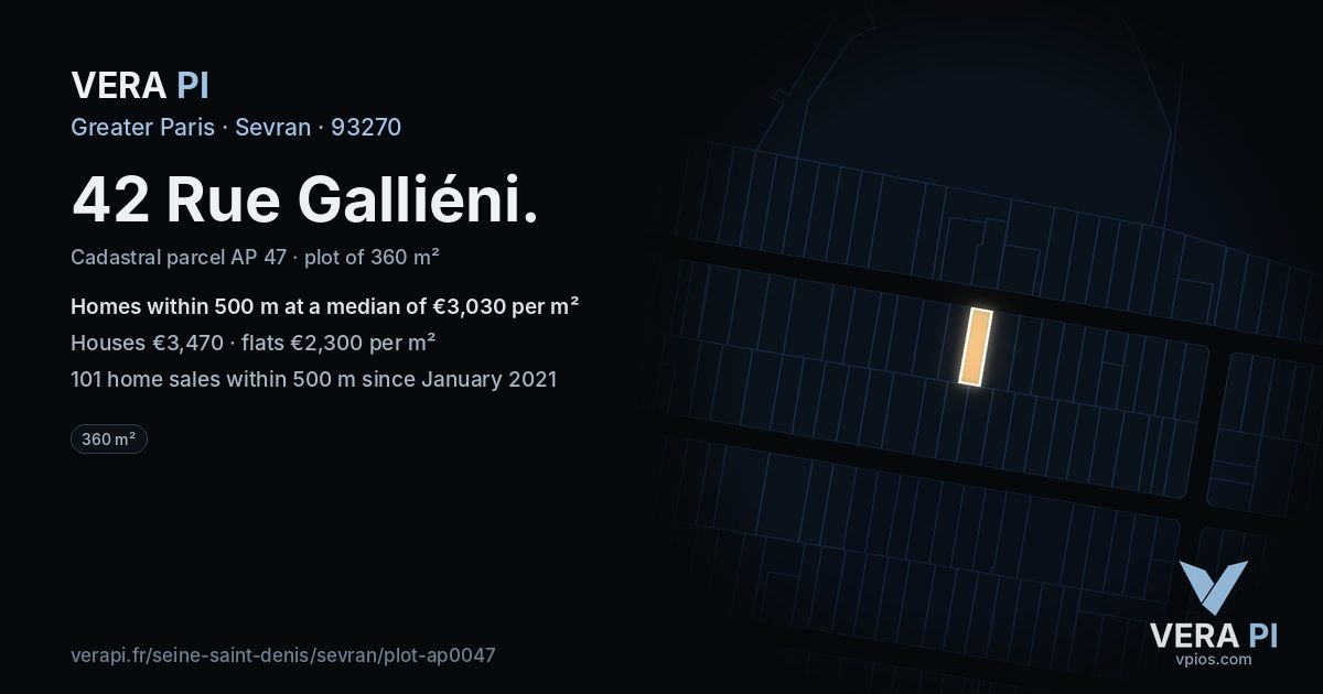42 Rue Galliéni, Sevran at night – the plot lit, the parcels around coloured by the prices near them