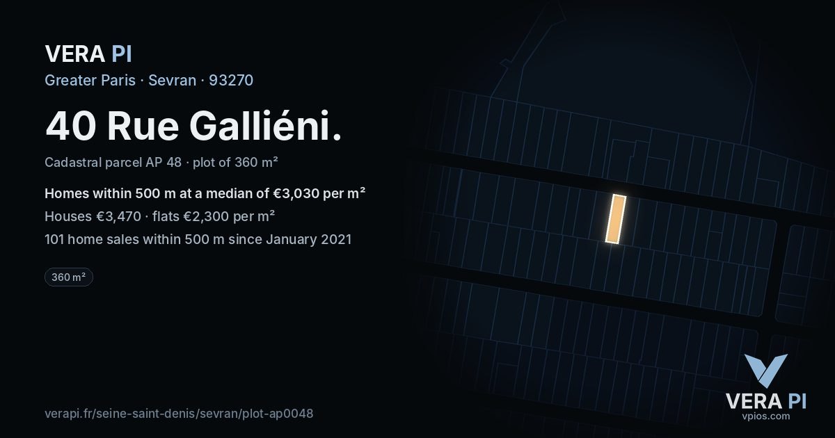40 Rue Galliéni, Sevran at night – the plot lit, the parcels around coloured by the prices near them