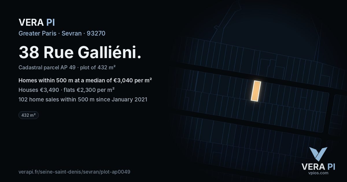 38 Rue Galliéni, Sevran at night – the plot lit, the parcels around coloured by the prices near them