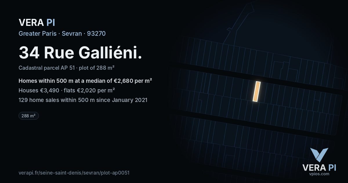 34 Rue Galliéni, Sevran at night – the plot lit, the parcels around coloured by the prices near them