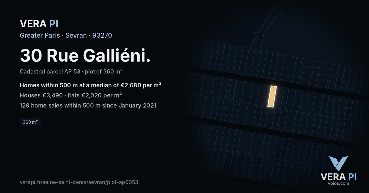 30 Rue Galliéni, Sevran at night – the plot lit, the parcels around coloured by the prices near them