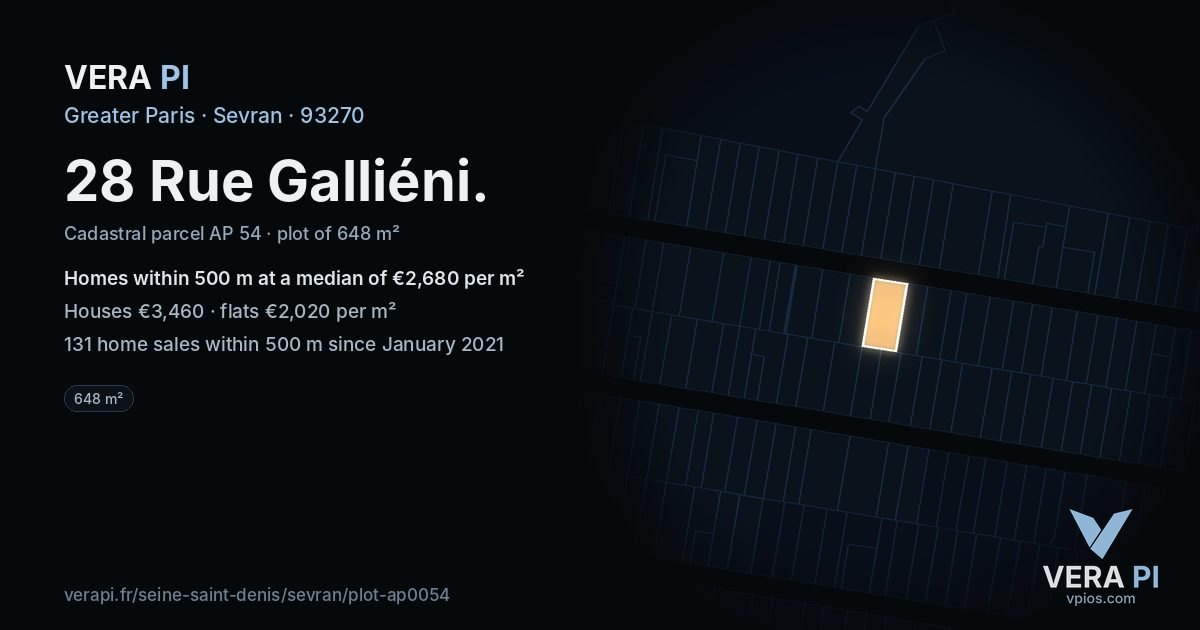 28 Rue Galliéni, Sevran at night – the plot lit, the parcels around coloured by the prices near them
