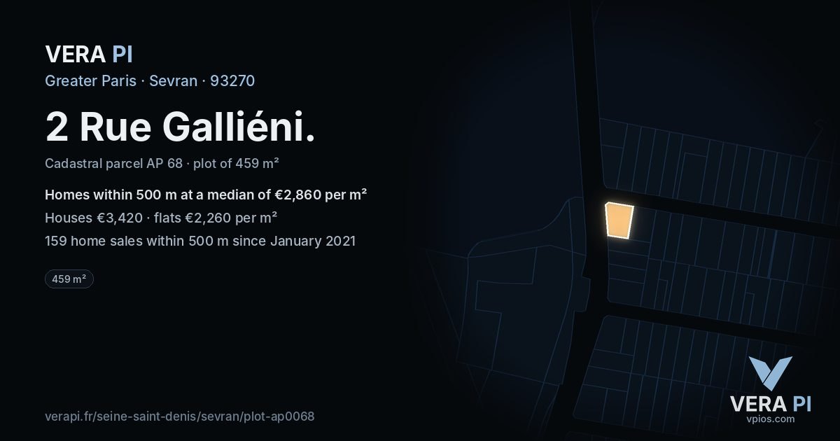 2 Rue Galliéni, Sevran at night – the plot lit, the parcels around coloured by the prices near them