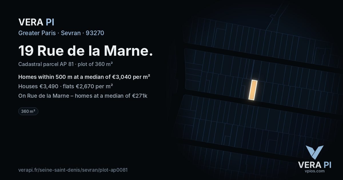 19 Rue de la Marne, Sevran at night – the plot lit, the parcels around coloured by the prices near them