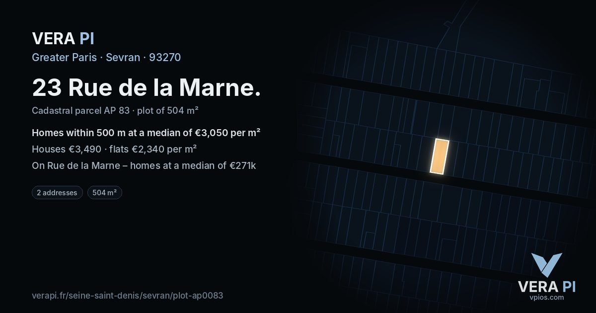23 Rue de la Marne, Sevran at night – the plot lit, the parcels around coloured by the prices near them