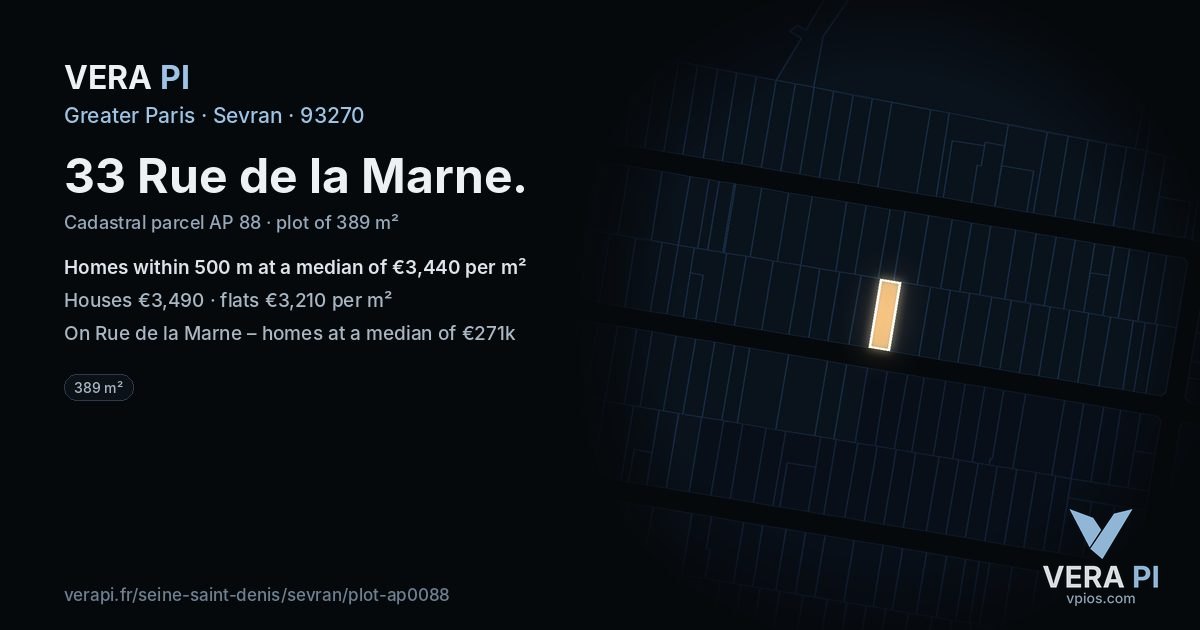 33 Rue de la Marne, Sevran at night – the plot lit, the parcels around coloured by the prices near them