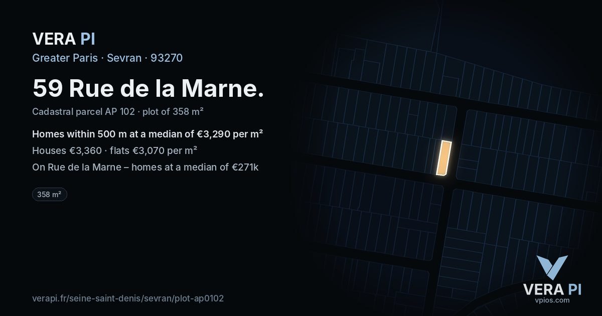 59 Rue de la Marne, Sevran at night – the plot lit, the parcels around coloured by the prices near them