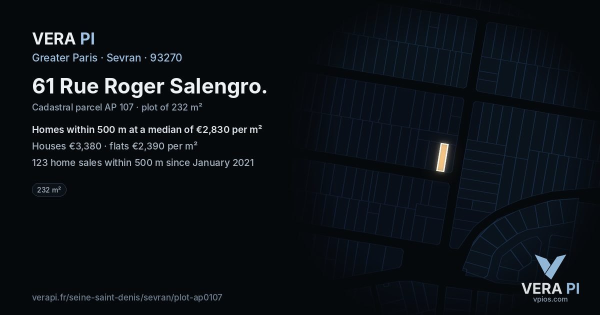 61 Rue Roger Salengro, Sevran at night – the plot lit, the parcels around coloured by the prices near them