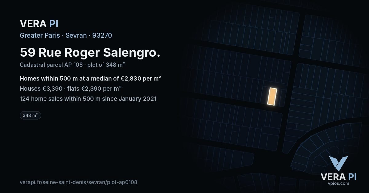 59 Rue Roger Salengro, Sevran at night – the plot lit, the parcels around coloured by the prices near them