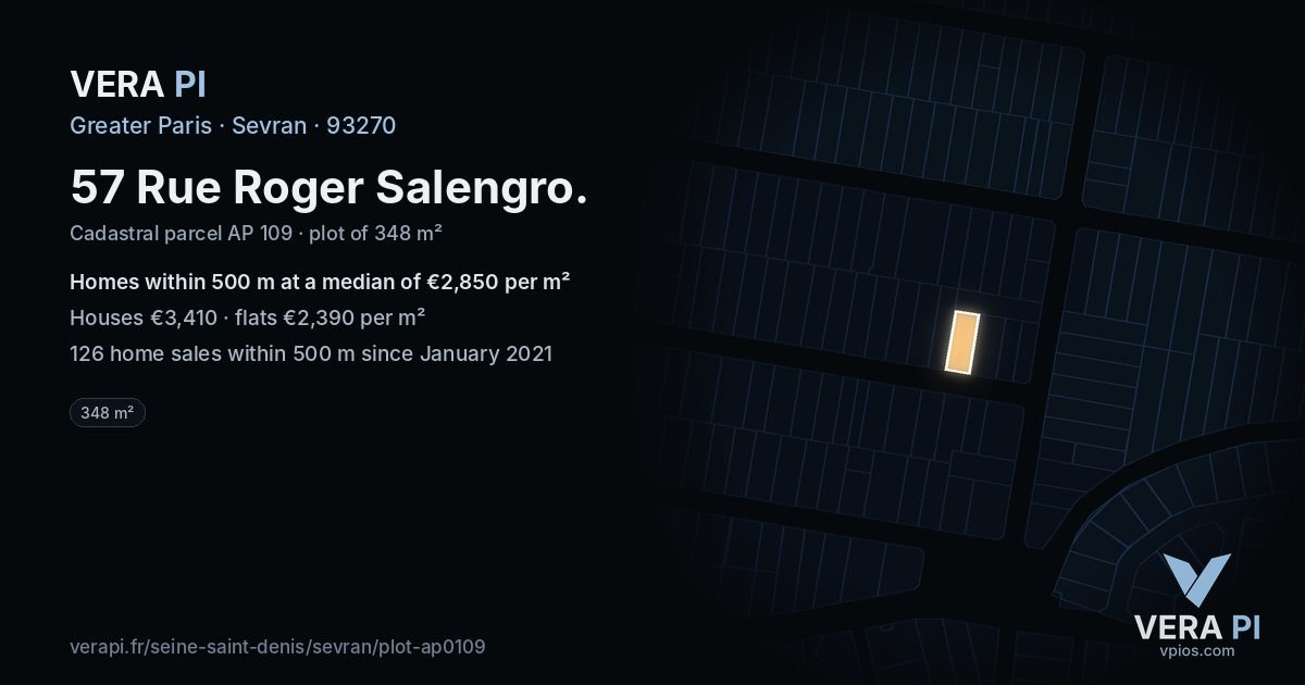 57 Rue Roger Salengro, Sevran at night – the plot lit, the parcels around coloured by the prices near them