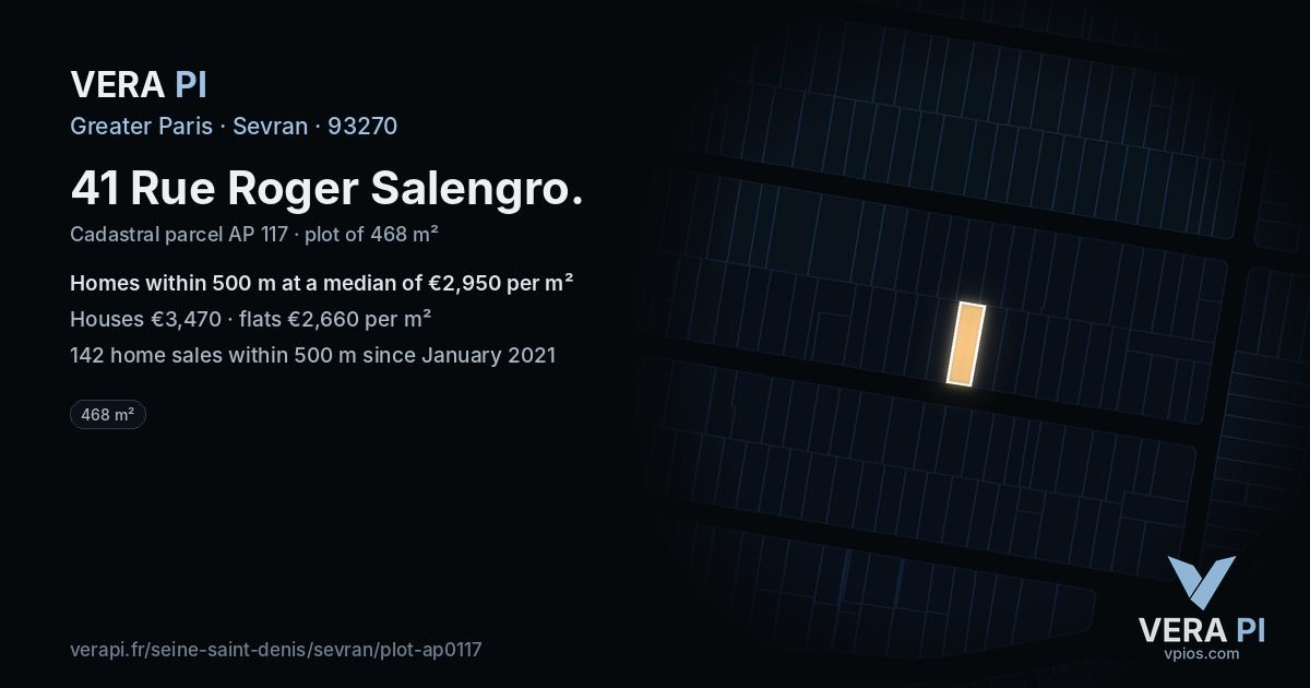41 Rue Roger Salengro, Sevran at night – the plot lit, the parcels around coloured by the prices near them