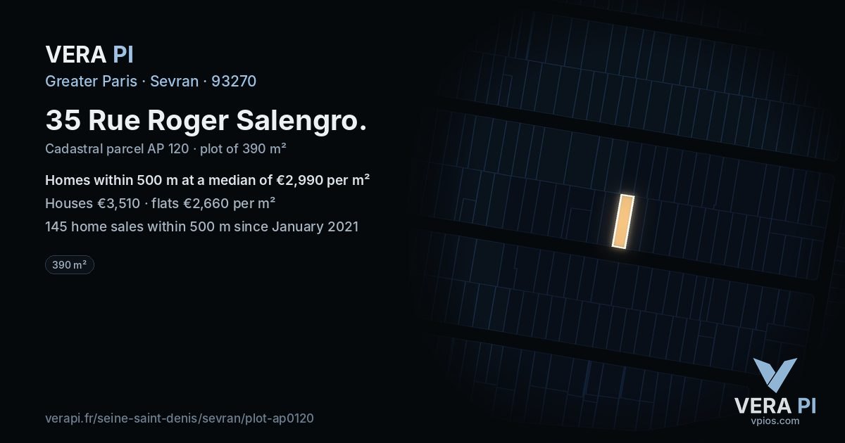35 Rue Roger Salengro, Sevran at night – the plot lit, the parcels around coloured by the prices near them