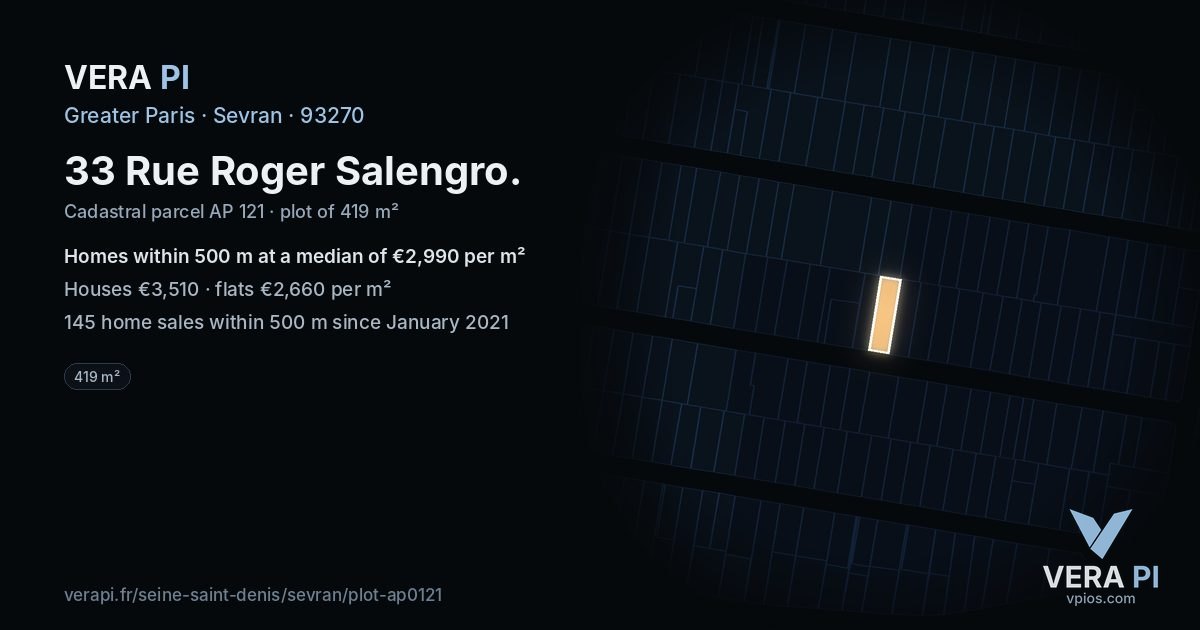 33 Rue Roger Salengro, Sevran at night – the plot lit, the parcels around coloured by the prices near them