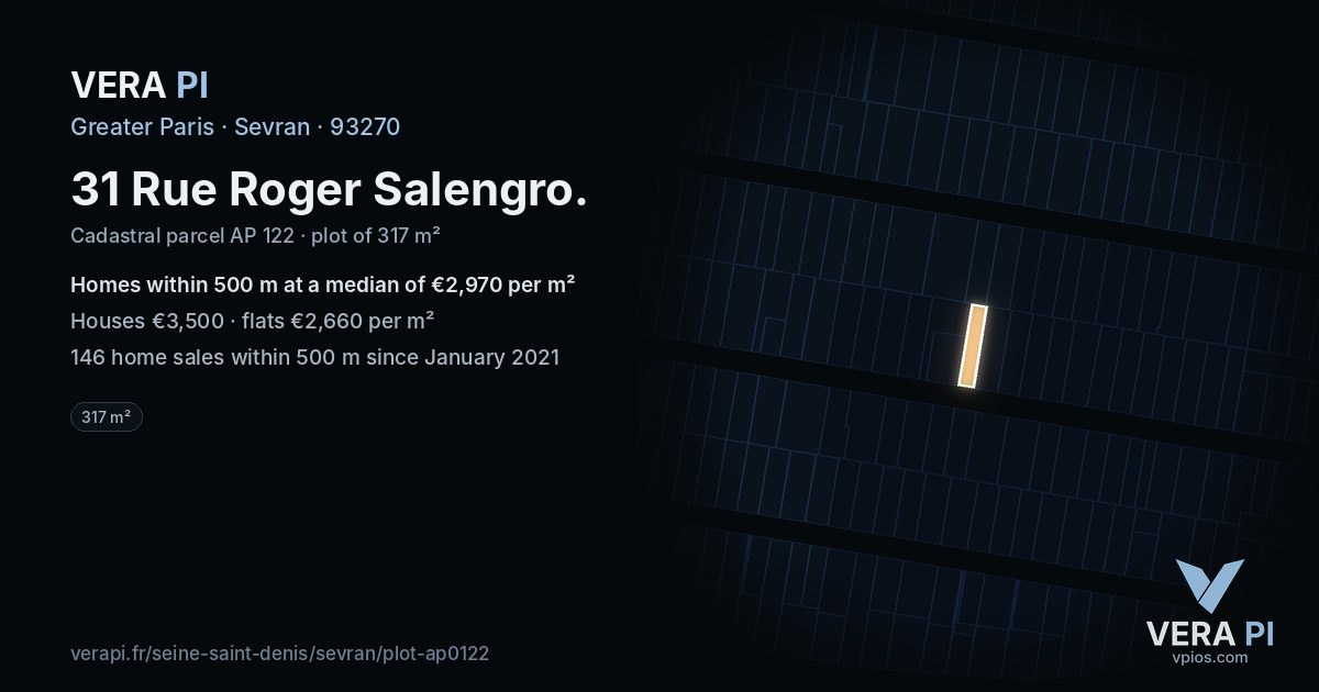 31 Rue Roger Salengro, Sevran at night – the plot lit, the parcels around coloured by the prices near them