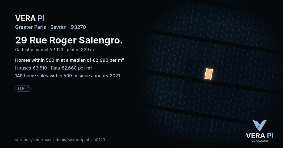 29 Rue Roger Salengro, Sevran at night – the plot lit, the parcels around coloured by the prices near them