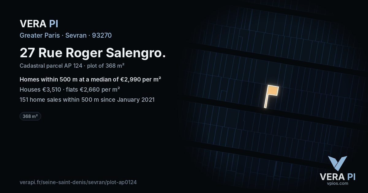 27 Rue Roger Salengro, Sevran at night – the plot lit, the parcels around coloured by the prices near them