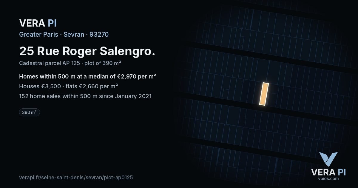 25 Rue Roger Salengro, Sevran at night – the plot lit, the parcels around coloured by the prices near them