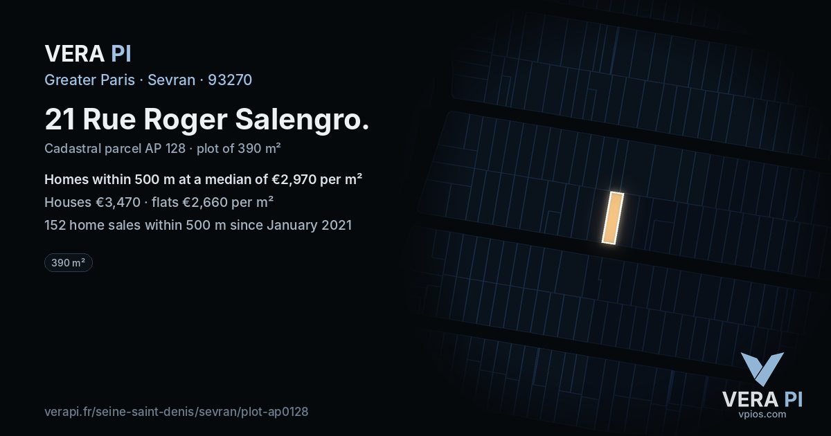 21 Rue Roger Salengro, Sevran at night – the plot lit, the parcels around coloured by the prices near them