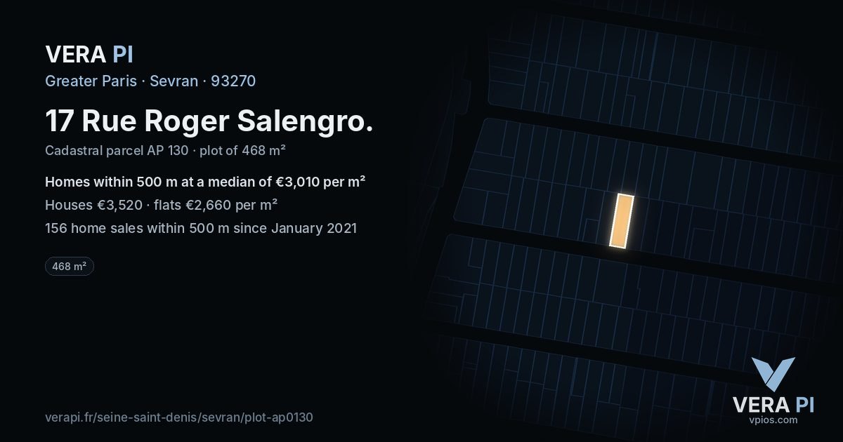 17 Rue Roger Salengro, Sevran at night – the plot lit, the parcels around coloured by the prices near them
