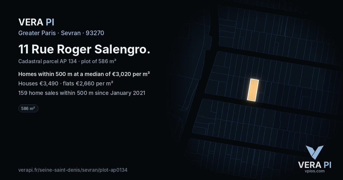 11 Rue Roger Salengro, Sevran at night – the plot lit, the parcels around coloured by the prices near them